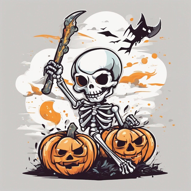 vector camiseta diseño ilustración kawaii esqueleto celebrando halloween alto detalle