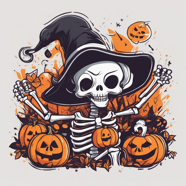 vector camiseta diseño ilustración kawaii esqueleto celebrando halloween alto detalle