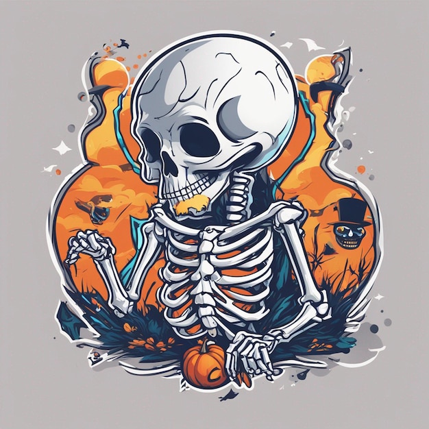 vector camiseta diseño ilustración kawaii esqueleto celebrando halloween alto detalle