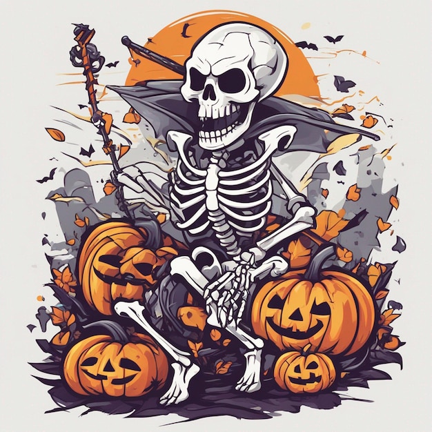 vector camiseta diseño ilustración kawaii esqueleto celebrando halloween alto detalle