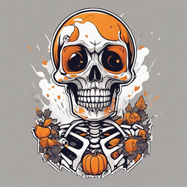 vector camiseta diseño ilustración kawaii esqueleto celebrando halloween alto detalle