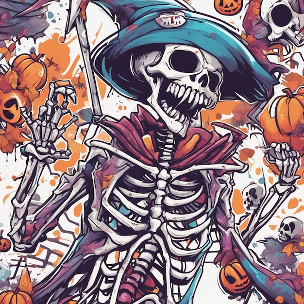 vector camiseta diseño ilustración kawaii esqueleto celebrando halloween alto detalle