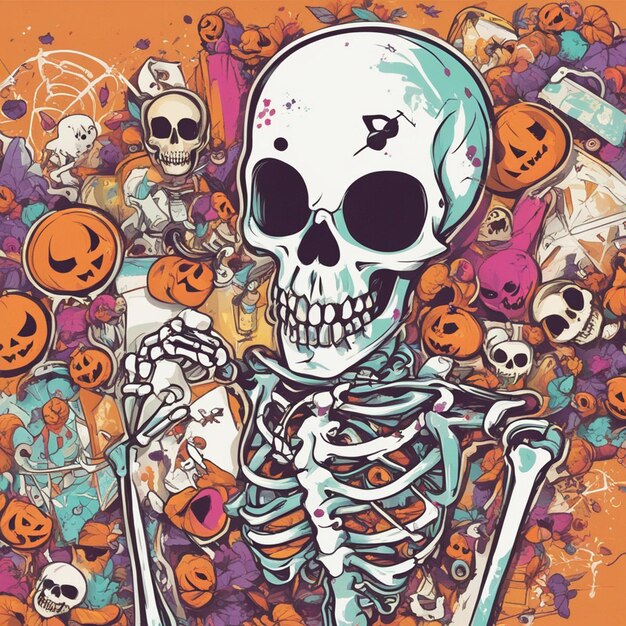 vector camiseta diseño ilustración kawaii esqueleto celebrando halloween alto detalle