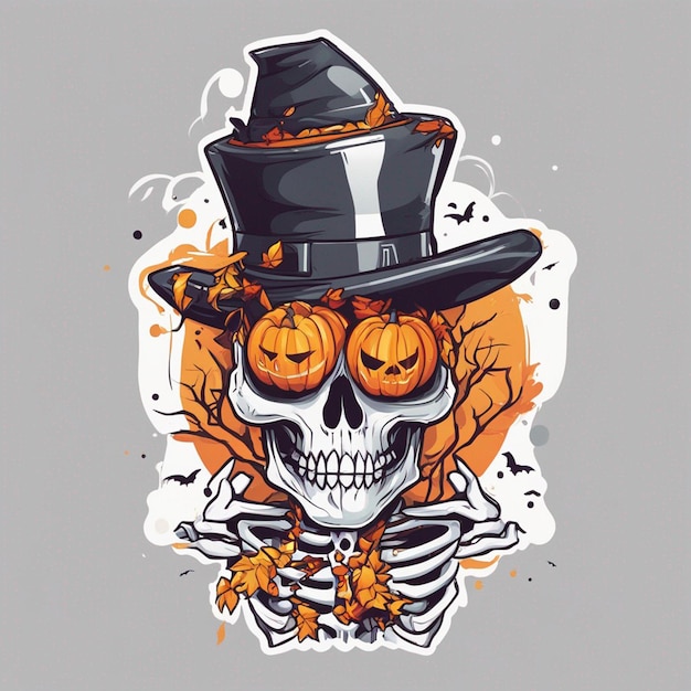 vector camiseta diseño ilustración kawaii esqueleto celebrando halloween alto detalle