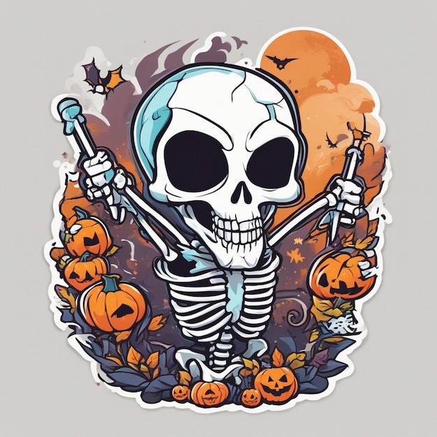 vector camiseta diseño ilustración kawaii esqueleto celebrando halloween alto detalle