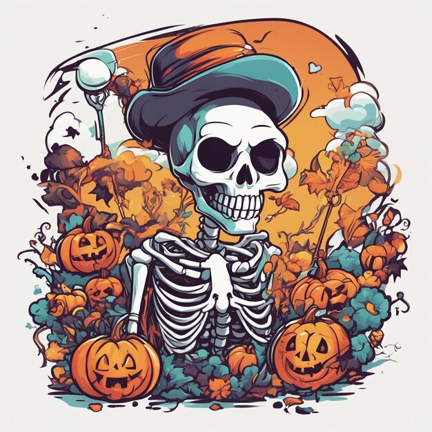 vector camiseta diseño ilustración kawaii esqueleto celebrando halloween alto detalle