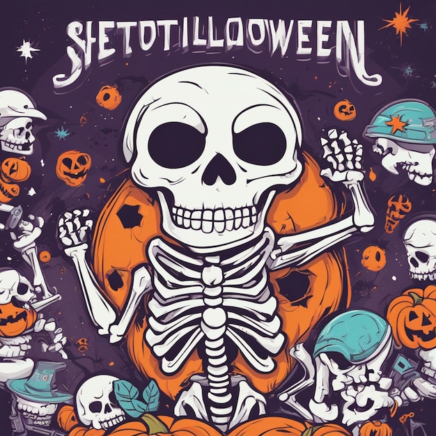 vector camiseta diseño ilustración kawaii esqueleto celebrando halloween alto detalle