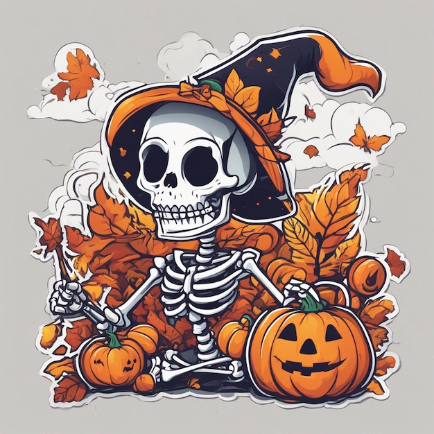 vector camiseta diseño ilustración kawaii esqueleto celebrando halloween alto detalle