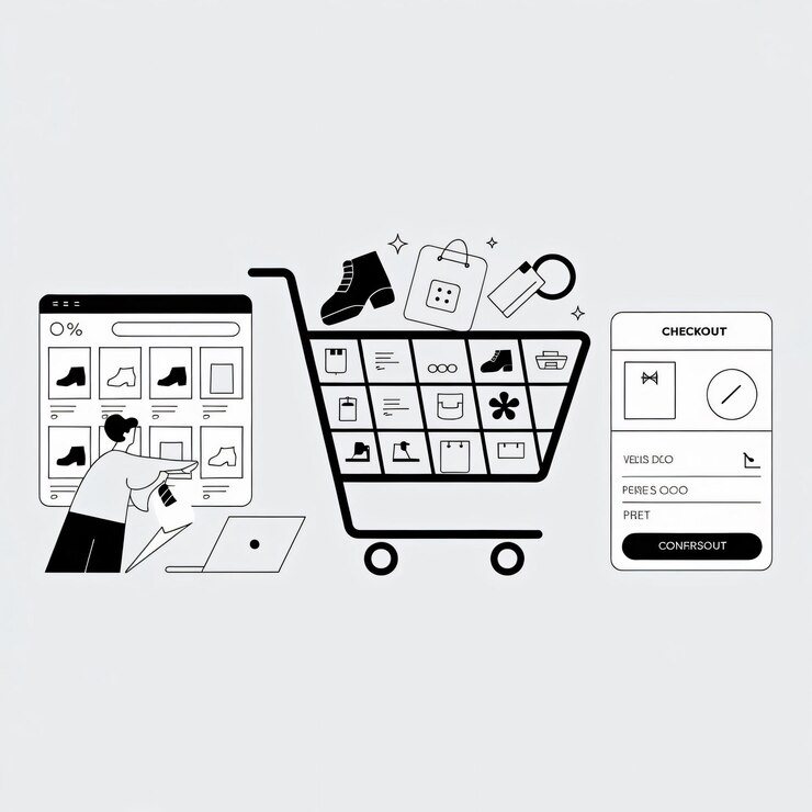 Foto vector de carrito de compras en línea minimalista con interacción humana atractiva