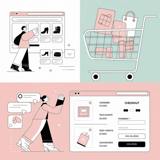 Vector de carrito de compras en línea minimalista con interacción humana atractiva