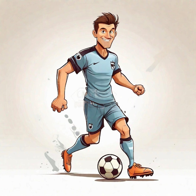 Foto vector cartoon hombre cara suave jugador de fútbol pateando la pelota en fondo blanco cara suave