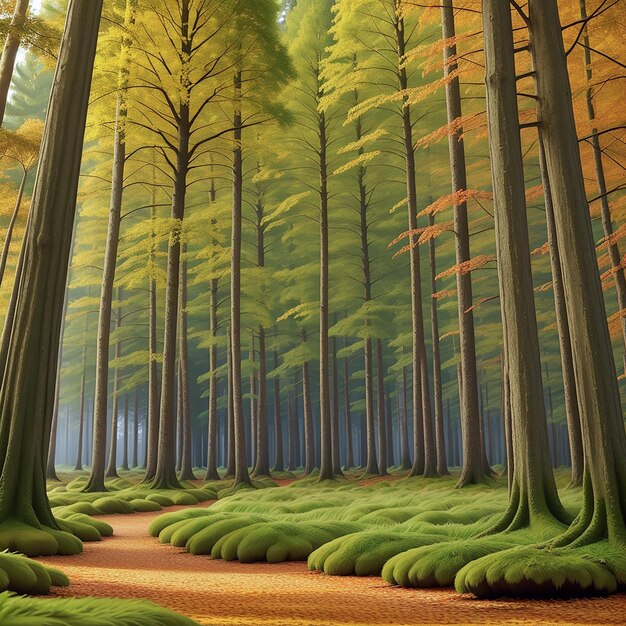 Vector de catton hermoso paisaje forestal letón en colores de otoño suelo de musgo del bosque de pinos.
