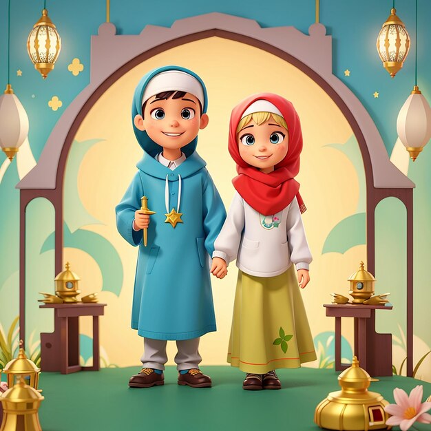 Vector chica y chico bonitos musulmanes celebrando el Eid Mubarak dibujos animados icono vectorial ilustración gente religión