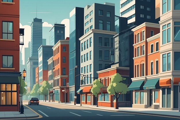 Vector City Street em um projeto plano e conjunto de edifícios urbanos