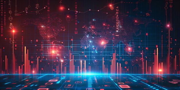 Vector conceptual con mapa del mundo y análisis Gráficos de complejidad y diagramas analíticos en el fondo tecnológico Neón brillante oscuro