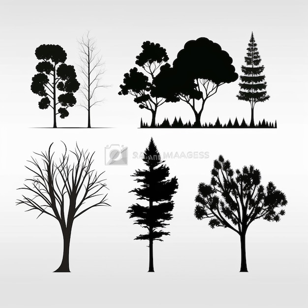 Vector de conjuntos de árboles y siluetas forestales