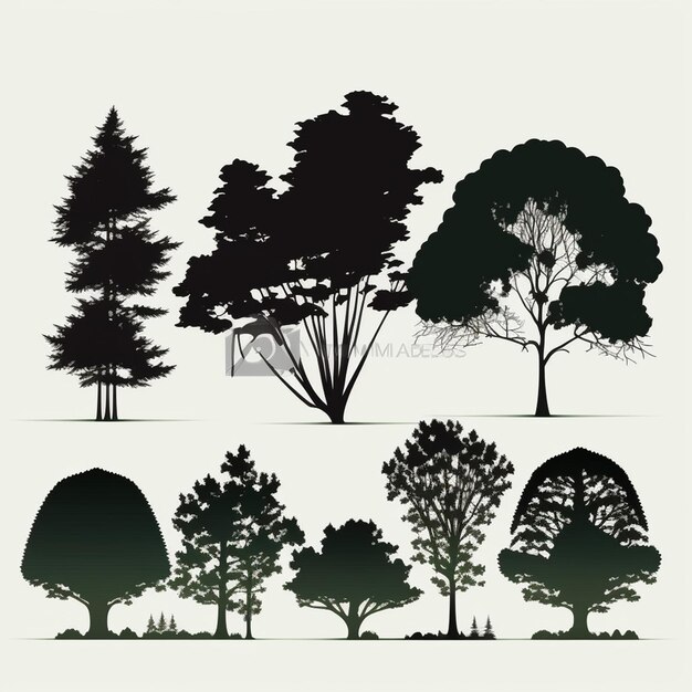 Vector de conjuntos de árboles y siluetas forestales