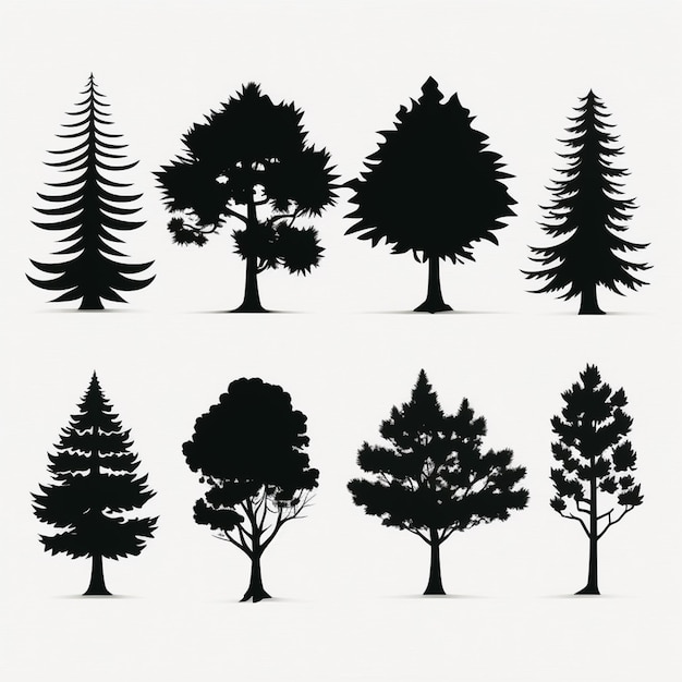 Foto vector de conjuntos de árboles y siluetas forestales