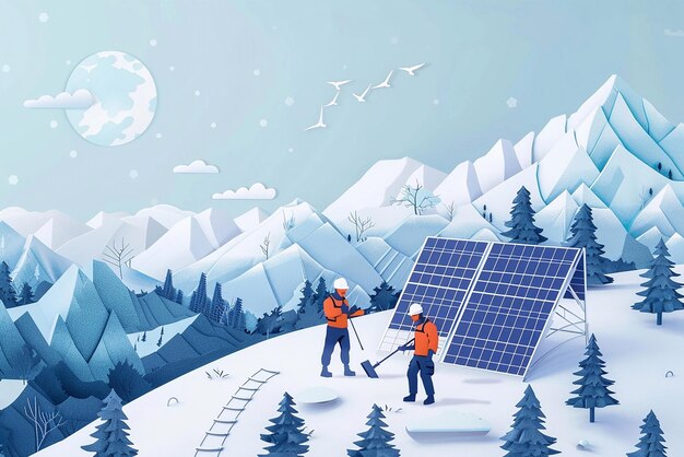 Foto vector de corte de papel de trabajadores que instalan paneles solares en una zona remota