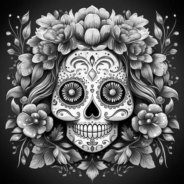 Vector cráneo día de los muertos con flores en el fondo