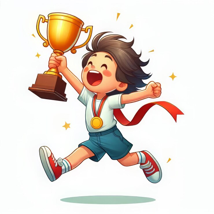 Vector criança segurando troféu pulando felizmente isolado fundo branco