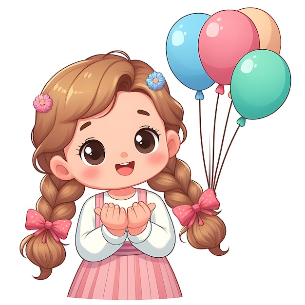 vector de cumpleaños un dibujo de una chica con globos y una imagen de una niña con las palabras que es