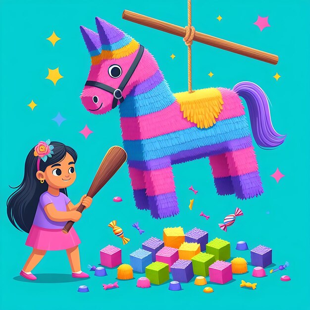 Foto vector cumpleaños niña jugando con un caballo y un juguete con la palabra unicornio en él