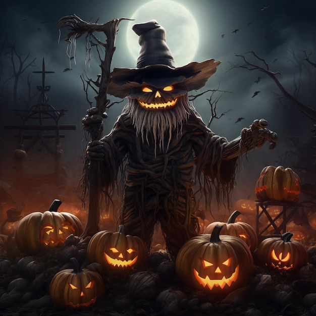 Vector de abóbora de Halloween com vassoura em fundo misterioso