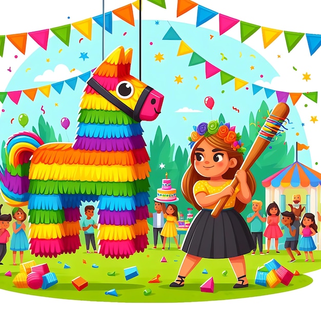 Vector de aniversário uma ilustração de desenho animado de uma menina com uma espada e um dragão