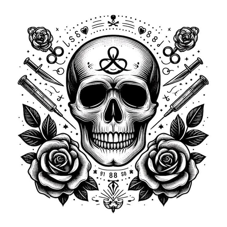 Foto vector de crânio desenhado à mão em fundo branco para design de camiseta