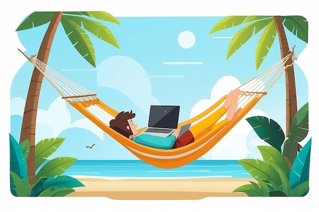 Vector de Equilíbrio de Trabalho e Relaxamento Pessoa em Hamaca com Laptop