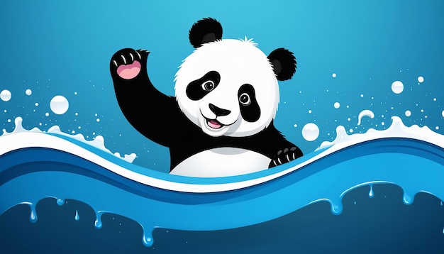 Vector de estilo plano de panda de desenho animado em uma bandeira de onda azul