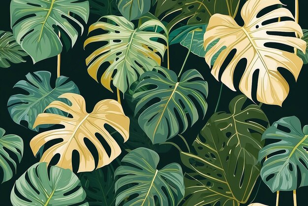 Foto vector de fundo verde de luxo e natureza padrão floral planta de filodendro de folha dourada com artes de linha de plantas monstera ilustração vetorial