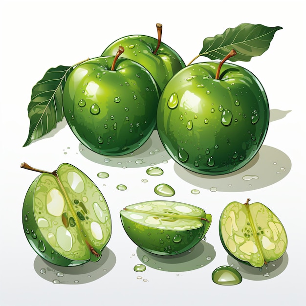 Vector de gotas de folhas inteiras em fatias realistas da variedade de maçãs verdes