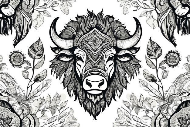 Vector desenhado à mão padrão sem costura com bisonte no estilo de boho ou hippy