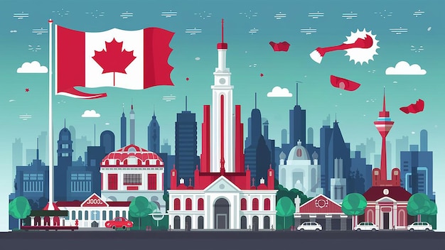 Vector Día de la Independencia de Canadá con el horizonte de un lugar famoso en Canadá en el fondo