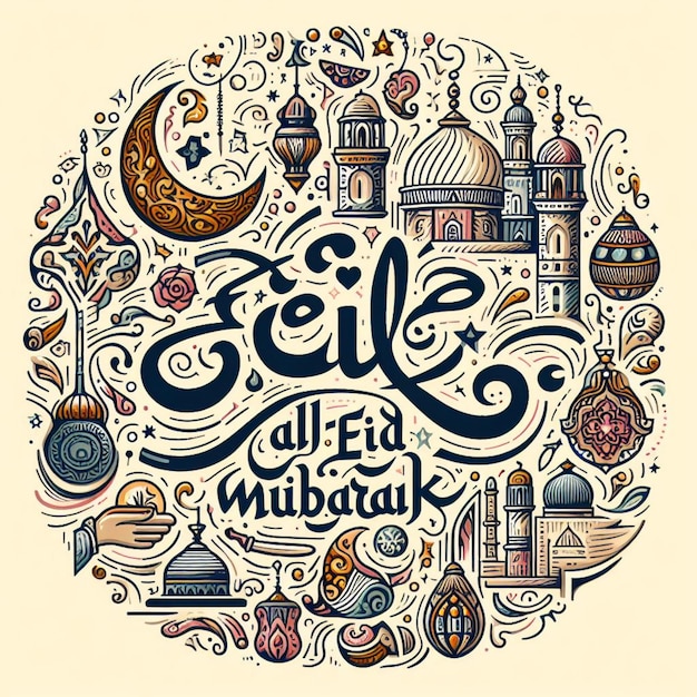 Vector dibujado a mano con letras de Eid al-Fitr Eid Mubarak