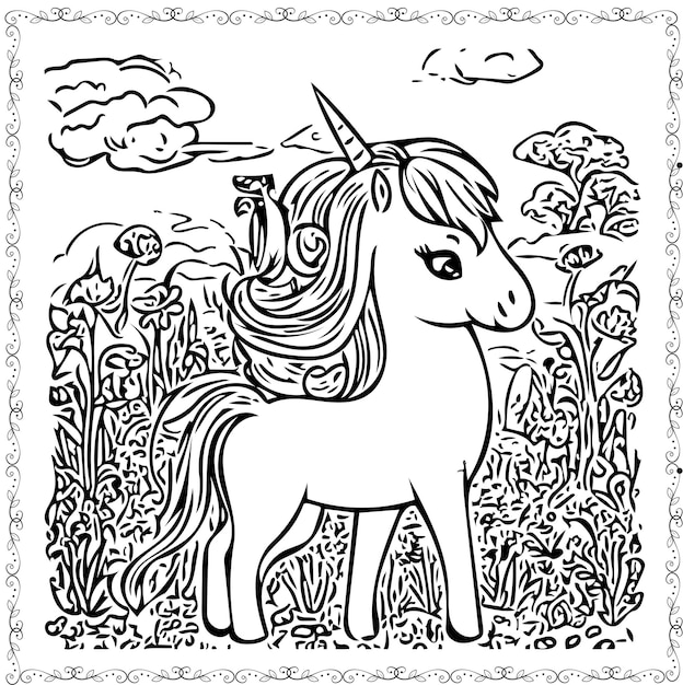 Vector de dibujo a mano unicornio kawaii elemento de libro de colorear