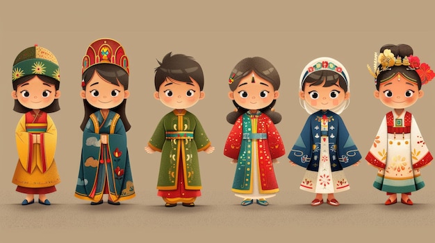 Foto vector de dibujos animados de niños con ropa tradicional de diferentes culturas celebrando el día de los niños junto con actuaciones culturales ia generativa