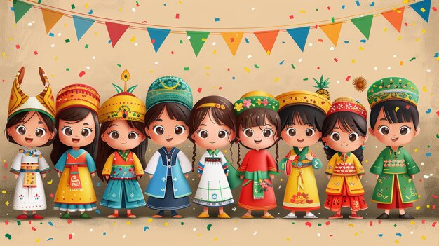 Foto vector de dibujos animados de niños con ropa tradicional de diferentes culturas celebrando el día de los niños junto con actuaciones culturales ia generativa