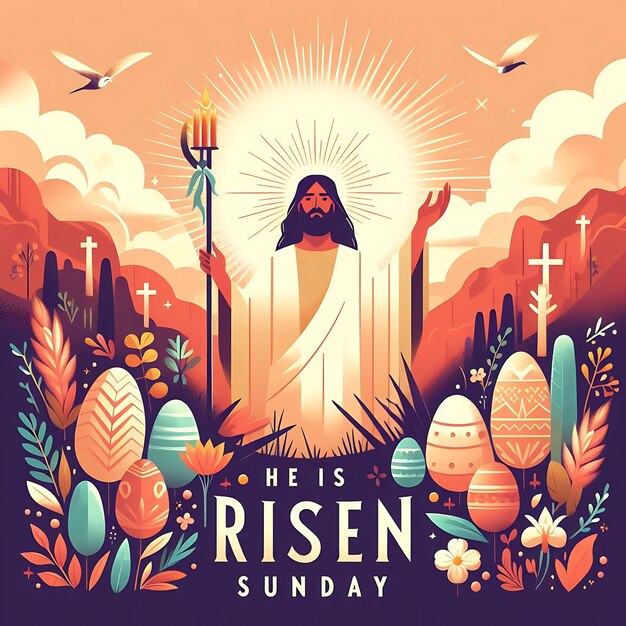 Foto vector domingo de pascua un cartel de jesús se está levantando con las palabras él es él está en la parte superior