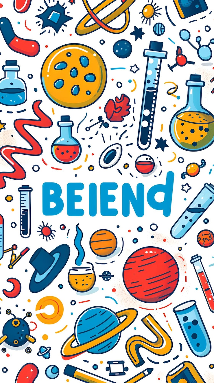Foto vector doodle art elementos de ciência vibrantes com blend text beakers dna e mais em branco