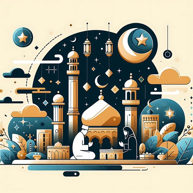 vector eid al fitr una ilustración colorida de una mezquita con un fondo azul con una mezquita y un