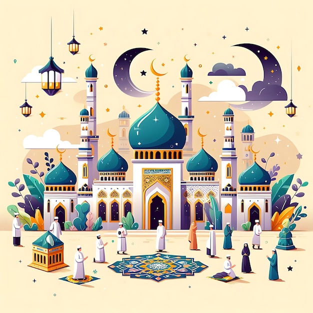 vector eid al fitr una ilustración colorida de una mezquita con una mezquita azul en el fondo