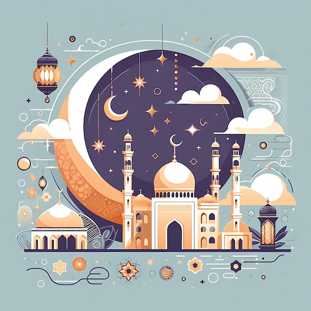 Foto vector eid al fitr una imagen colorida de una mezquita con una luna y nubes en el fondo