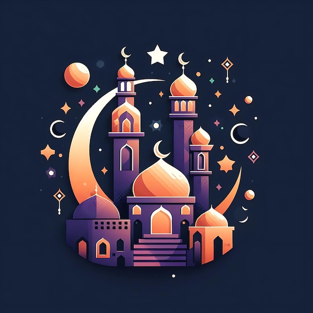 vector eid al fitr una mezquita azul con una luna y estrellas en ella