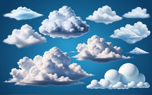 Vector de elementos de nubes realista establecido en fondo azul