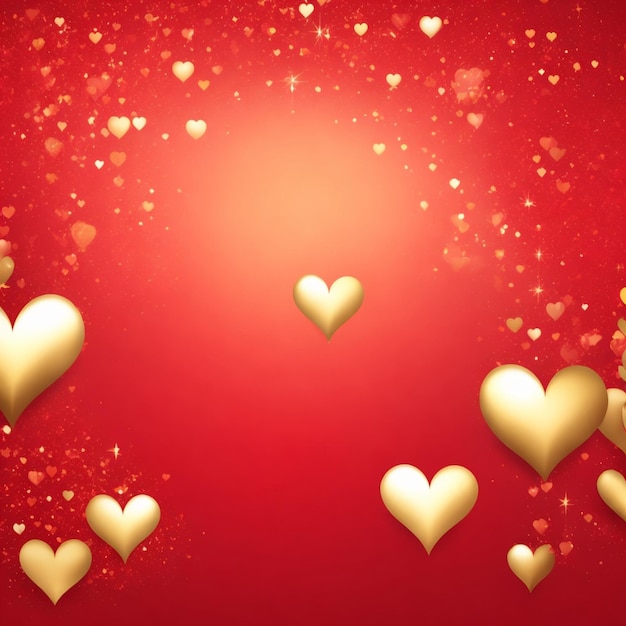 Vector encantadores corazones dorados sobre fondo rojo bokeh