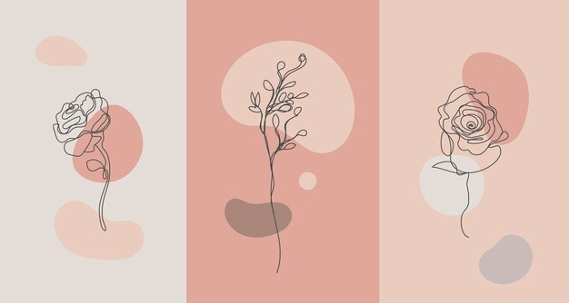 Foto vector estilo minimalista plantas rosas líneas flores colores desnudos impresión abstracta dibujada a mano