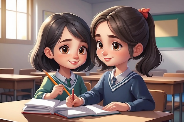 Vector de una estudiante chica linda dando un lápiz para un amigo en la ilustración del aula